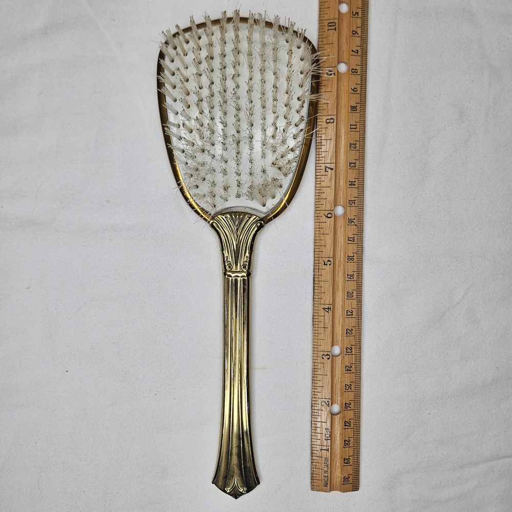 Vtg Gold‎ Tone Floral Hair Brush Mid Century Regency Vanity Decor